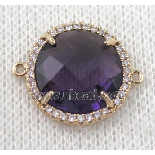 dark-purple crystal glass flat-round connector paved zircon, gold plated