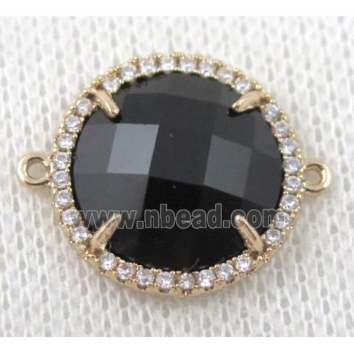 black crystal glass flat-round connector paved zircon, gold plated