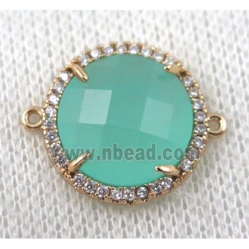 aqua crystal glass flat-round connector paved zircon, gold plated