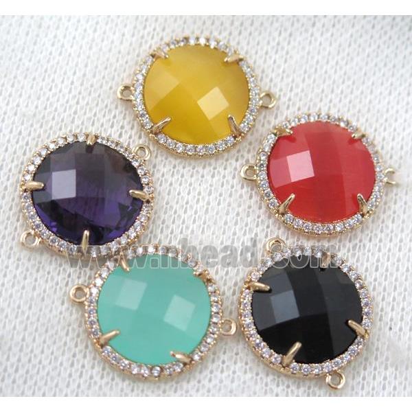 crystal glass flat-round connector paved zircon, mix color, gold plated