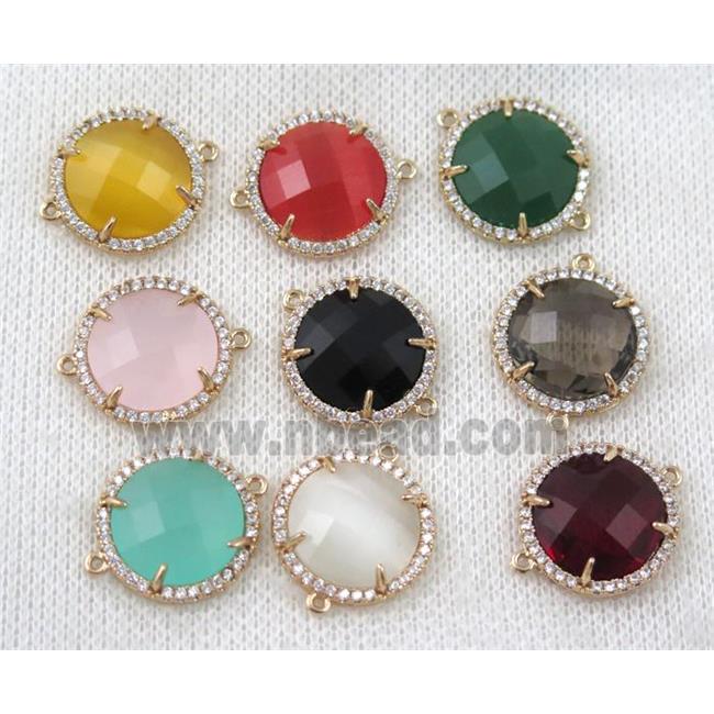 crystal glass flat-round connector paved zircon, mix color, gold plated