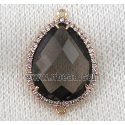 smoky crystal glass teardrop connector paved zircon, gold plated