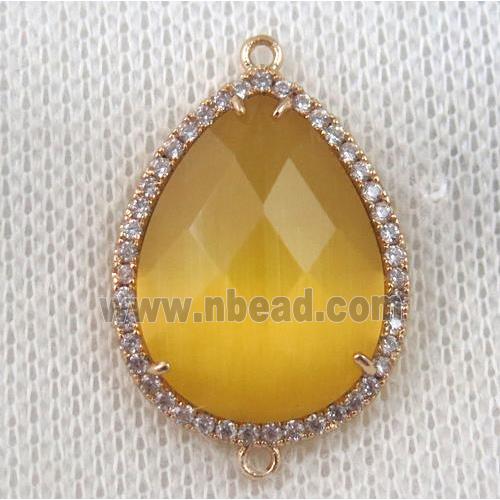 yellow crystal glass teardrop connector paved zircon, gold plated