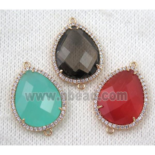 crystal glass teardrop connector paved zircon, mix color, gold plated