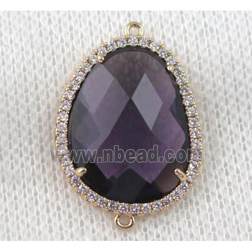 purple crystal glass teardrop connector paved zircon, gold plated