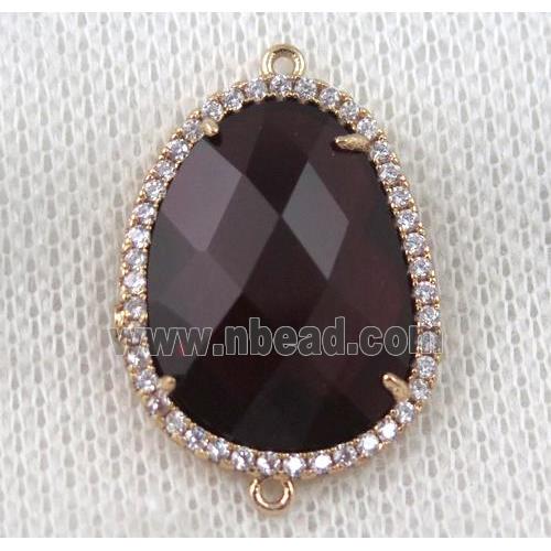 dark-ruby crystal glass teardrop connector paved zircon, gold plated