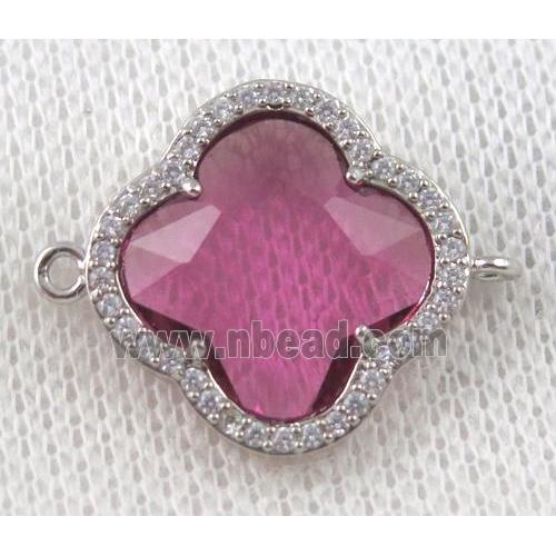 hot pink crystal glass four-leaf Clover connector paved zircon, platinum plated