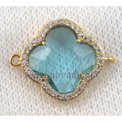 aqua crystal glass four-leaf Clover connector paved zircon, gold plated