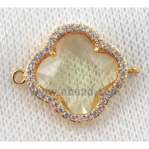 golden crystal glass four-leaf Clover connector paved zircon, gold plated