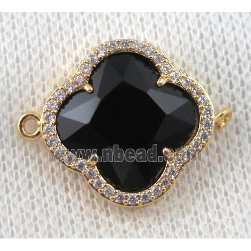 black crystal glass four-leaf Clover connector paved zircon, gold plated
