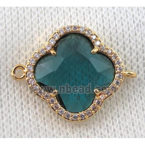peacock blue crystal glass four-leaf Clover connector paved zircon, gold plated