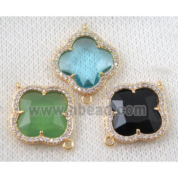 crystal glass four-leaf Clover connector paved zircon, mix color, gold plated