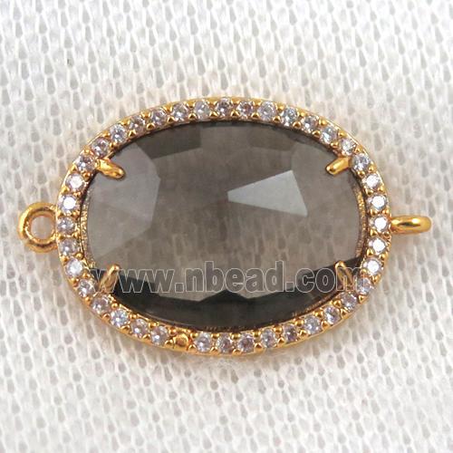smoky crystal glass connector paved zircon, faceted oval, gold plated