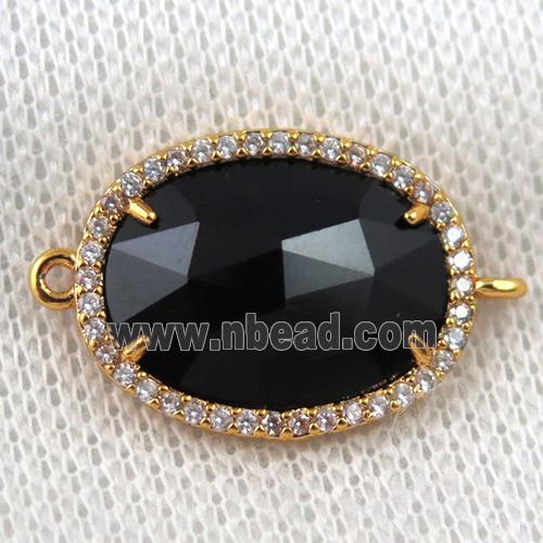 black crystal glass connector paved zircon, faceted oval, gold plated