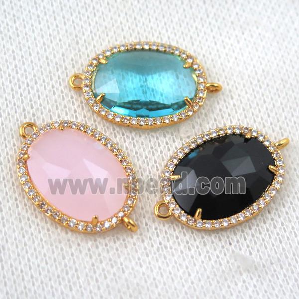 crystal glass connector paved zircon, mix color, faceted oval, gold plated