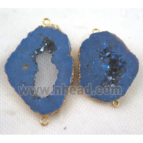 druzy agate slice connector, blue, freeform, gold plated
