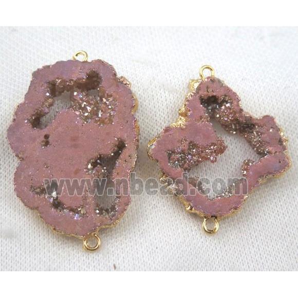 druzy agate slice connector, pink, freeform, gold plated