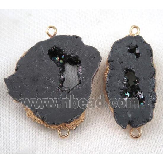 druzy agate slice connector, black, freeform, gold plated
