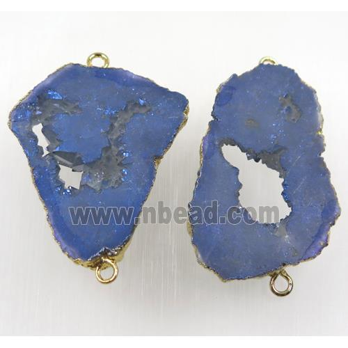 druzy agate slice connector, lt.blue AB-color, freeform, gold plated