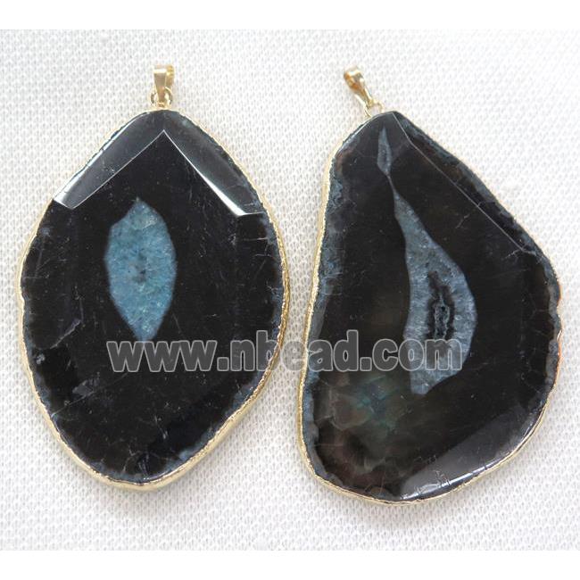 blue druzy agate slice pendant, black, faceted freeform, gold plated