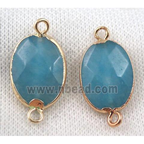 blue jade connector, faceted oval, gold plated