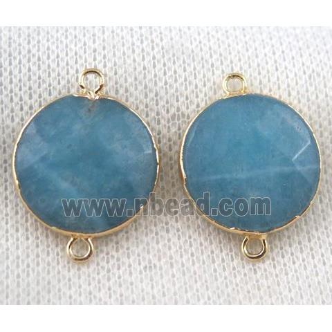 blue jade connector, faceted flat-round, gold plated
