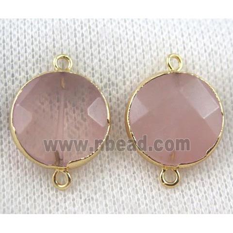 Rose Quartz connector, pink, faceted flat-round, gold plated