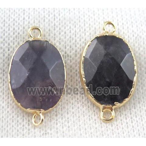 Amethyst connector, purple, faceted oval, gold plated