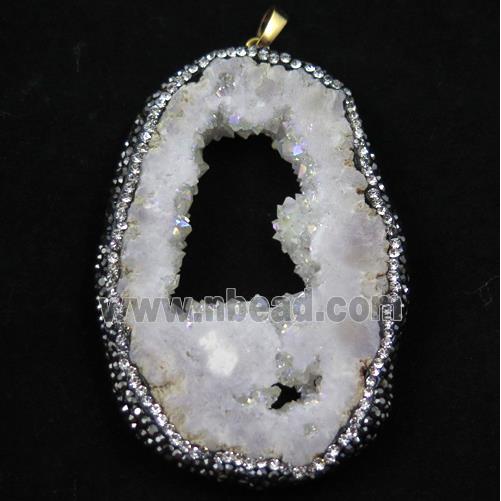 druzy agate pendant paved rhinestone, White AB color
