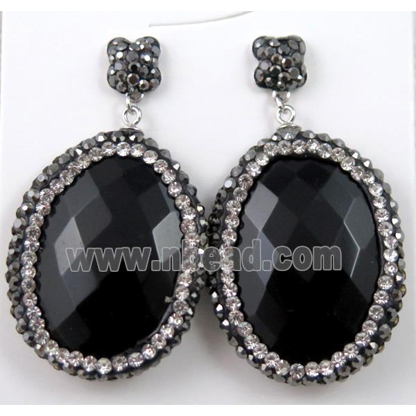 black agate onyx earring paved rhinestone with sterling silver stud