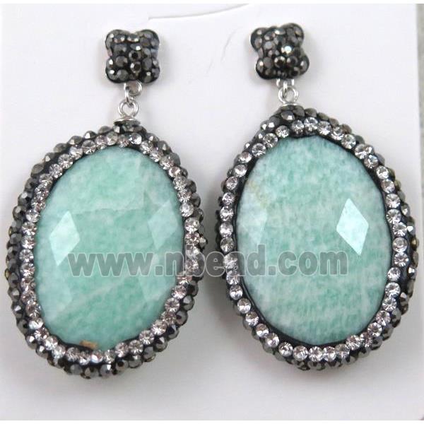 green Amazonite earring paved rhinestone with sterling silver stud
