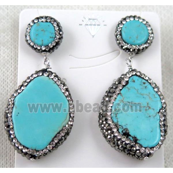 blue turquoise earring paved rhinestone with sterling silver stud