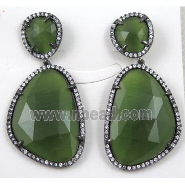 olive cats eye stone earring paved zircon with sterling silver stud