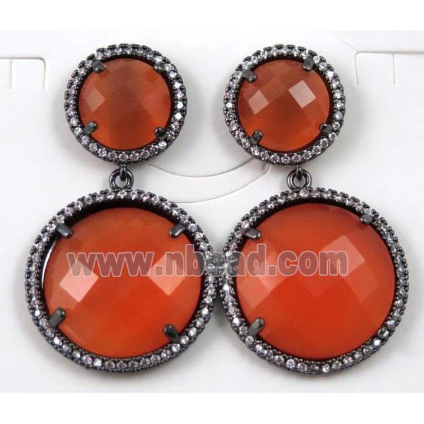 orange cats eye stone earring paved zircon with sterling silver stud