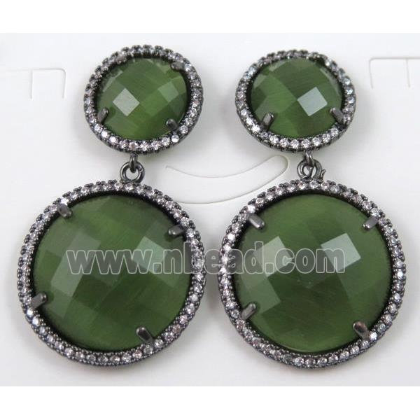 green cats eye stone earring paved zircon with sterling silver stud