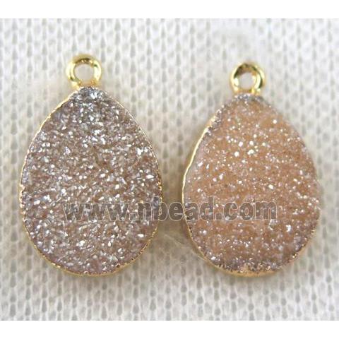 druzy agate pendant, golden champagne, teardrop, gold plated