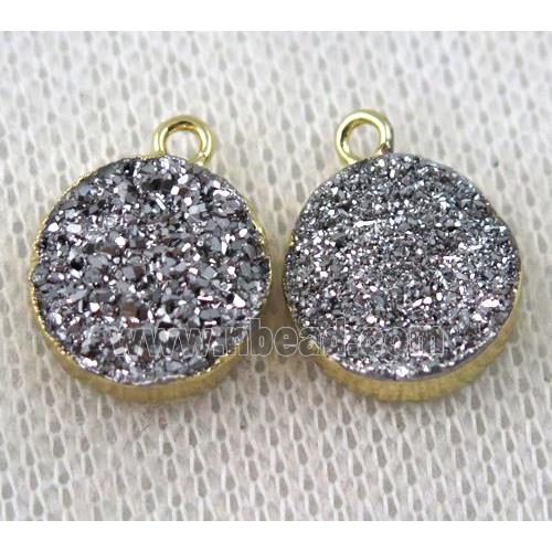 silver druzy agate pendant, flat-round, gold plated