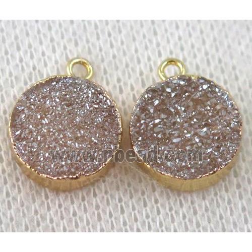 druzy agate pendant, golden champagne, flat-round, gold plated