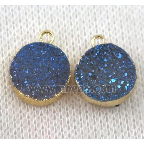 druzy agate pendant, blue, flat-round, gold plated