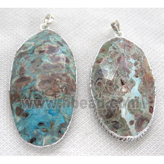 blue Ocean Jasper pendant, faceted oval, silver plated