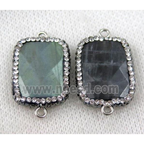 Labradorite connector paved rhinestone, faceted rectangle