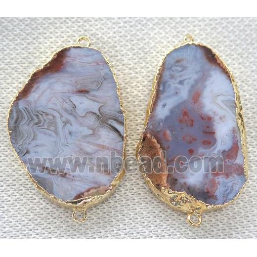 red rock agate slice connector, freeform, gold plated