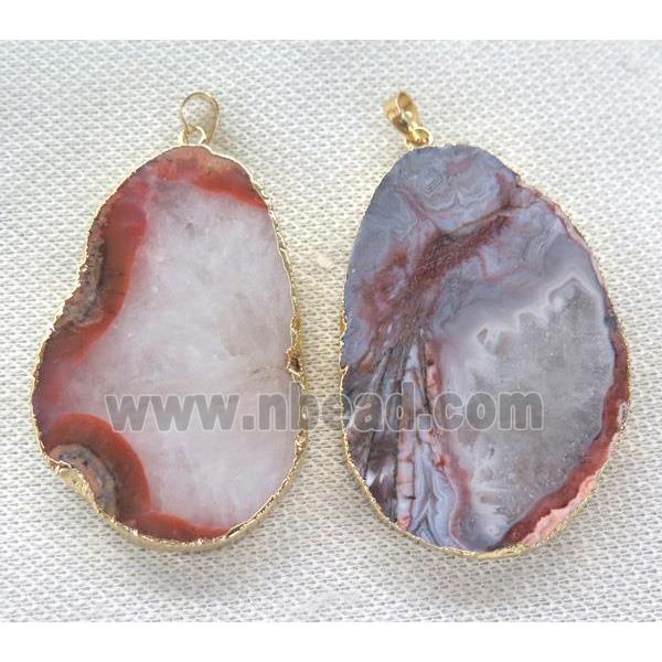 red rock agate slice pendant, freeform, gold plated