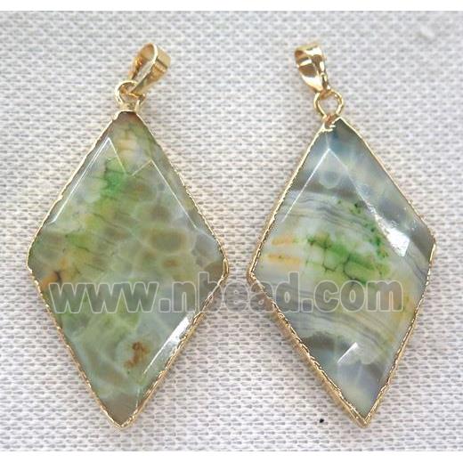 green dragon veins agate pendant, faceted rhombic, gold plated