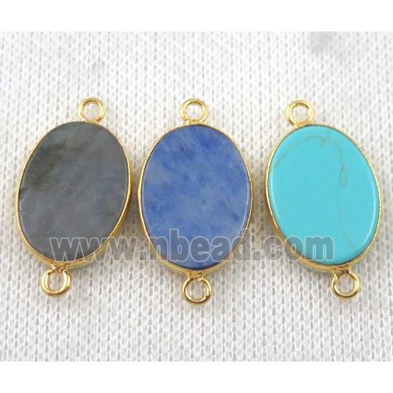 mixed gemstone connector, flat oval, gold plated