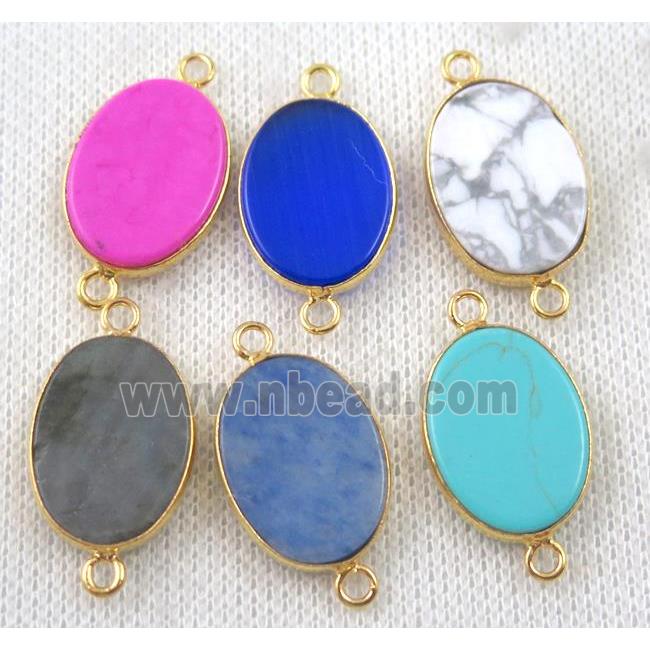 mixed gemstone connector, flat oval, gold plated