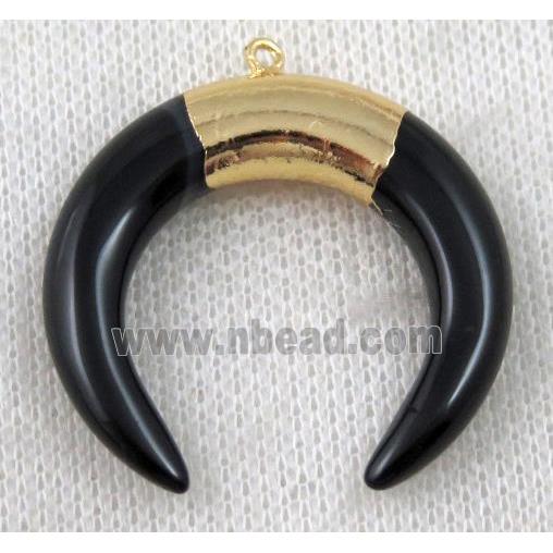 black onyx agate crescent pendant, horn, gold plated