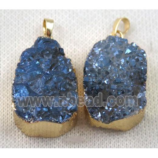 druzy quartz pendant, blue AB-color, freeform, gold plated