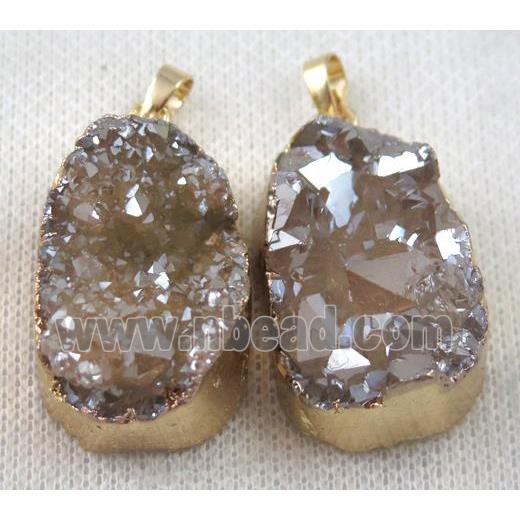 golden champagne druzy quartz pendant, AB-color, freeform, gold plated