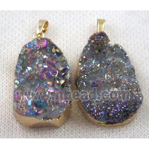 rainbow druzy quartz pendant, freeform, gold plated